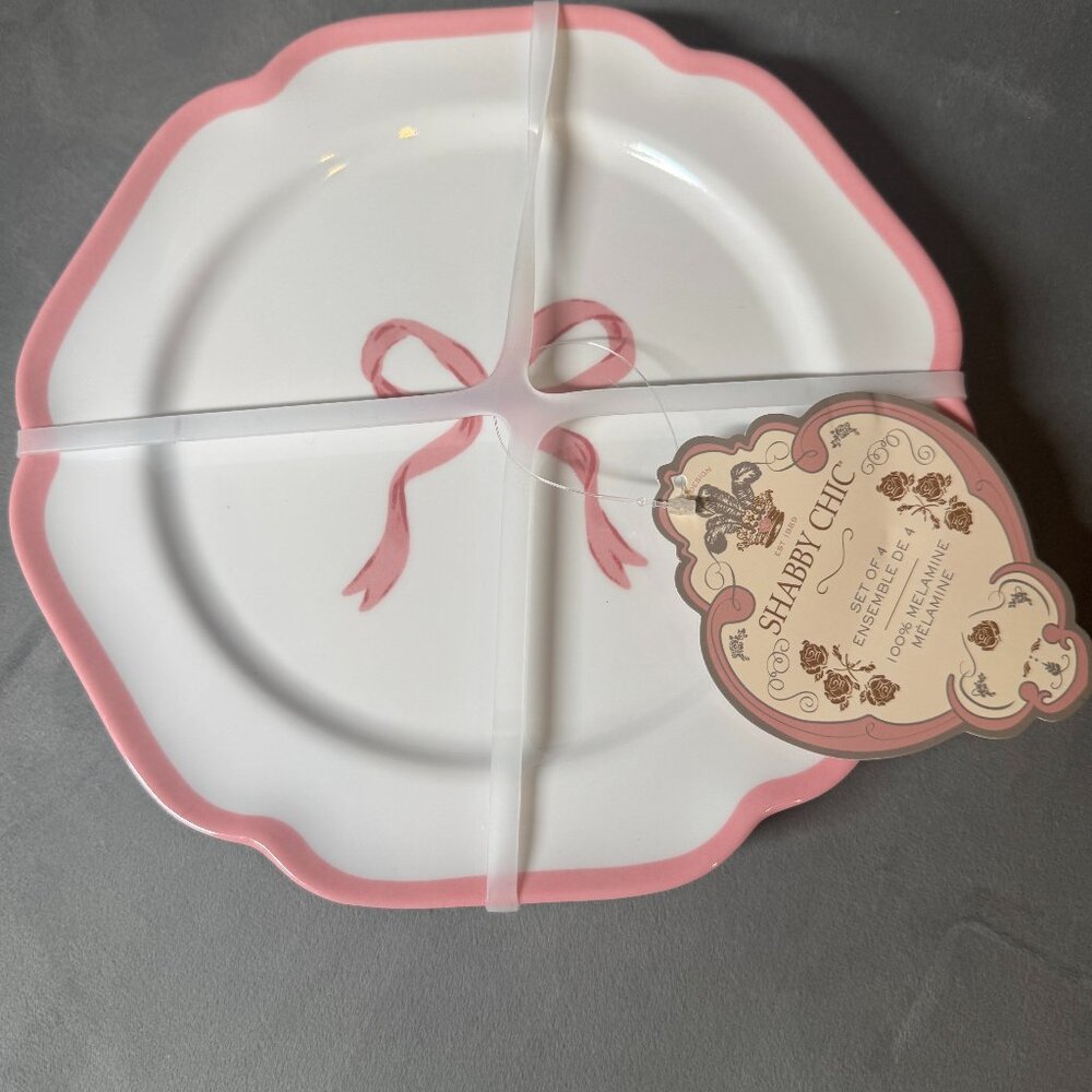 Shabby Chic Pink Bow Melamine Salad/Dessert Plates - Set of 4 NWT
